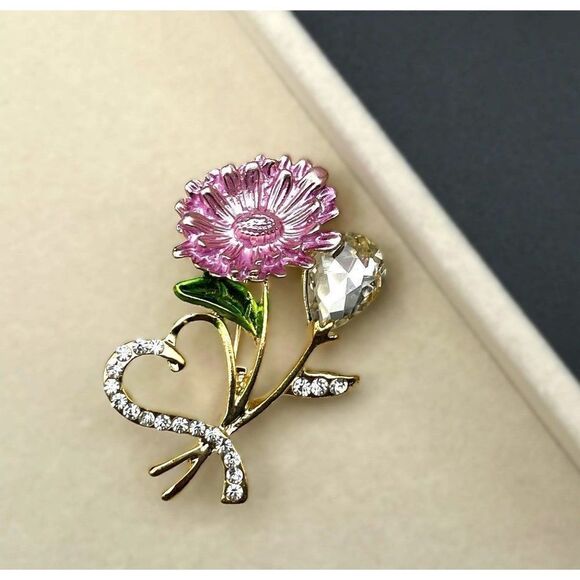 Yellow Gold with White Diamond Crystal Enamel Daisy and Heart Pin Back Brooch - Picture 4 of 7